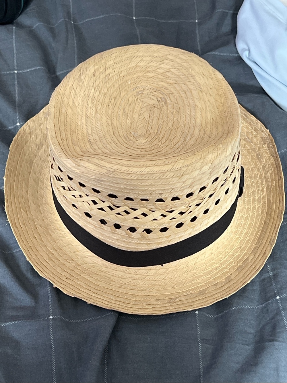 Woven Straw Fedora Hat Tan Black Band Summer Beach Sun Hat